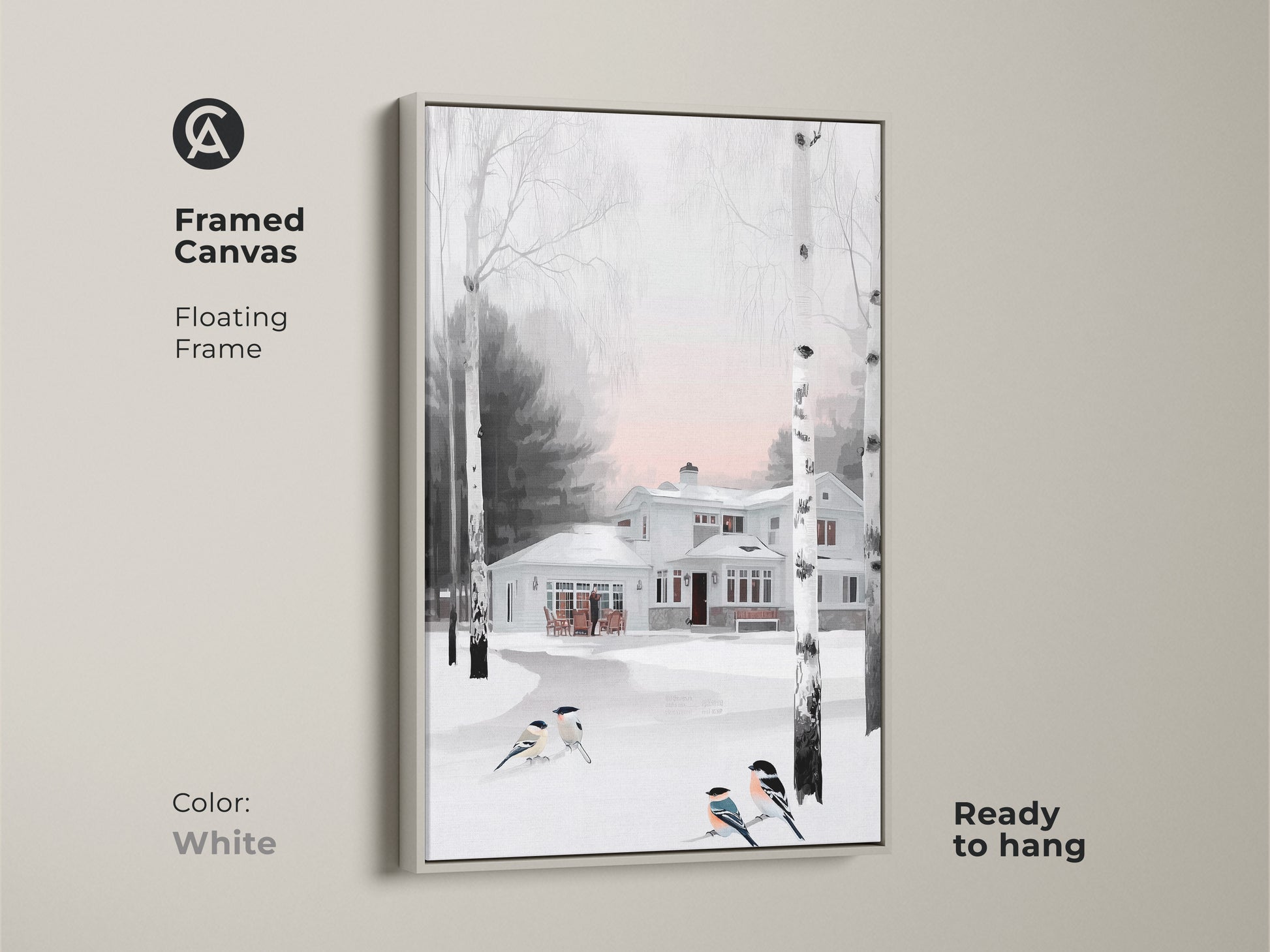 Framed canvas showcasing a snow-covered house with birch trees. This artwork evokes a cozy farmhouse feel. White floating frame enhances the delicate colors. Birds complete the peaceful winter scene. Ready to hang for easy enjoyment.