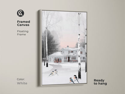 Framed canvas showcasing a snow-covered house with birch trees. This artwork evokes a cozy farmhouse feel. White floating frame enhances the delicate colors. Birds complete the peaceful winter scene. Ready to hang for easy enjoyment.