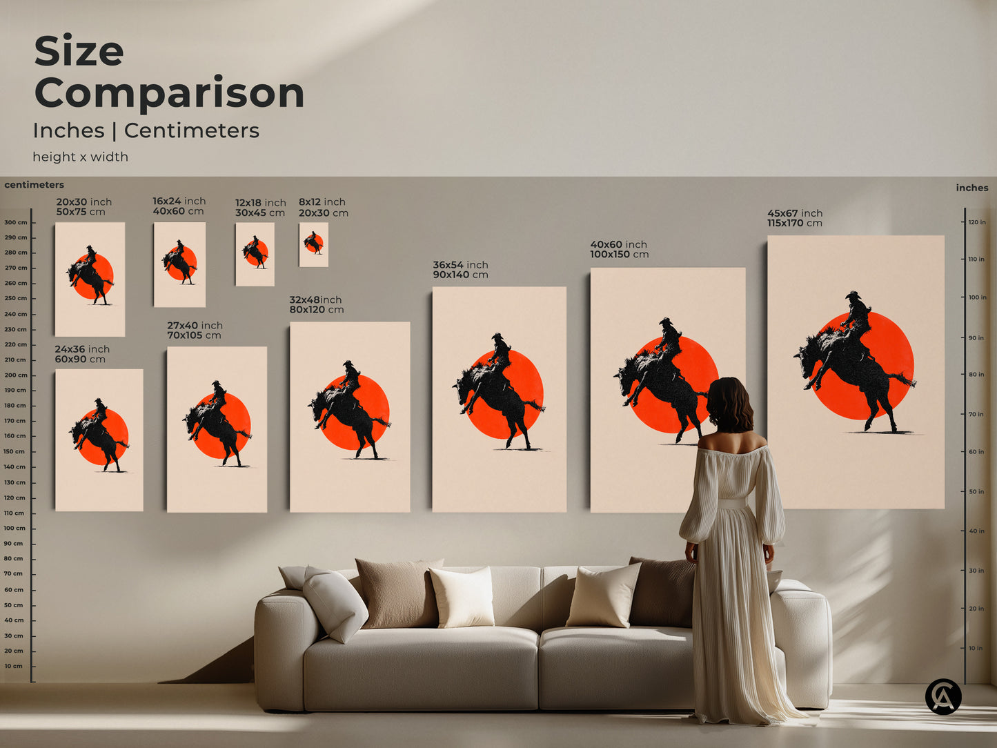 A size comparison guide shows western art prints in different dimensions. See how the cowboy silhouette art looks above a couch. The canvas and poster versions enhance any modern farmhouse decor.