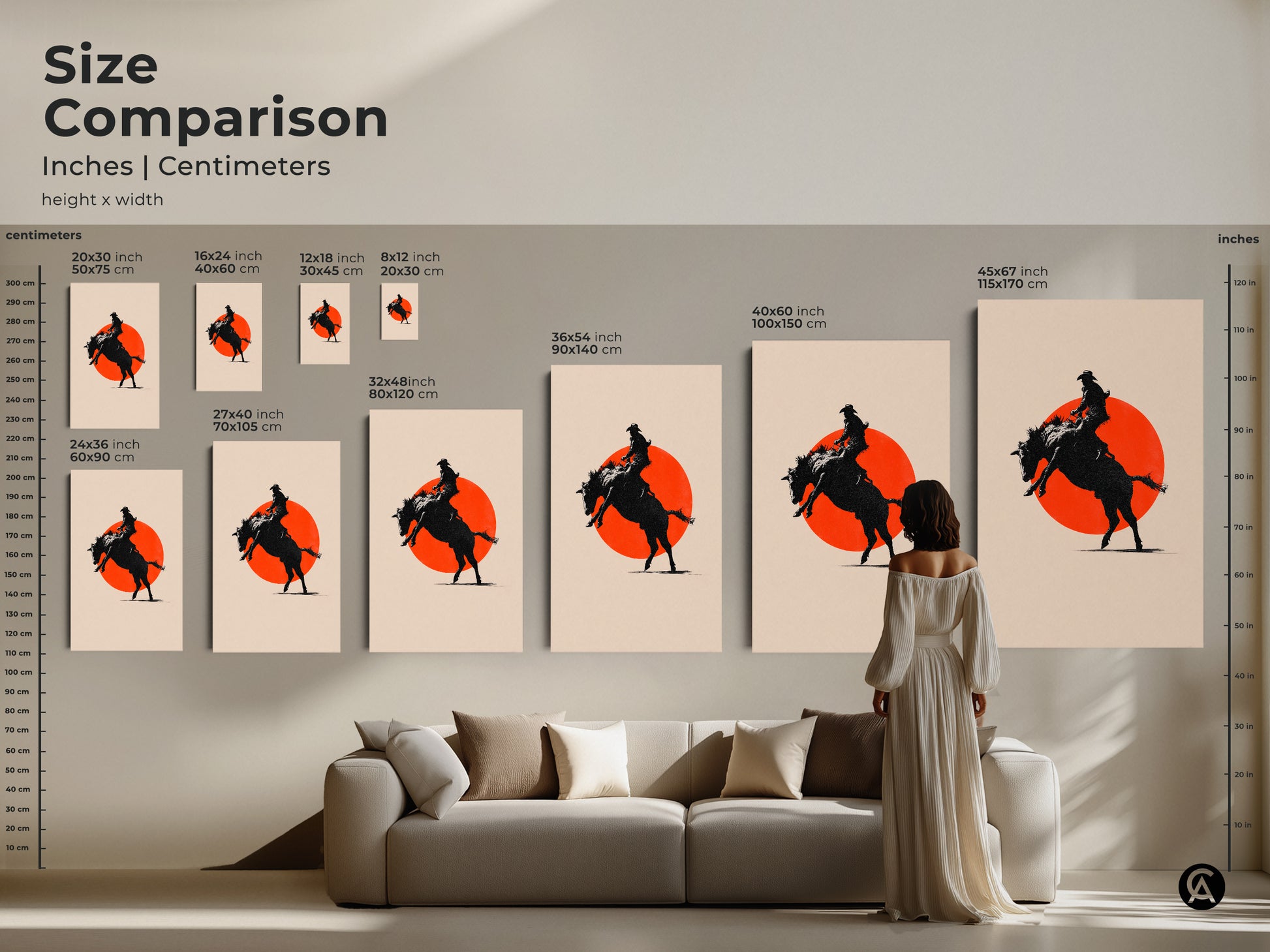 A size comparison guide shows western art prints in different dimensions. See how the cowboy silhouette art looks above a couch. The canvas and poster versions enhance any modern farmhouse decor.