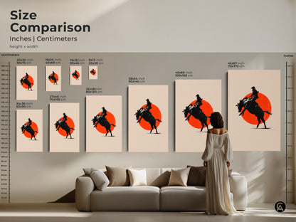 A size comparison guide shows western art prints in different dimensions. See how the cowboy silhouette art looks above a couch. The canvas and poster versions enhance any modern farmhouse decor.