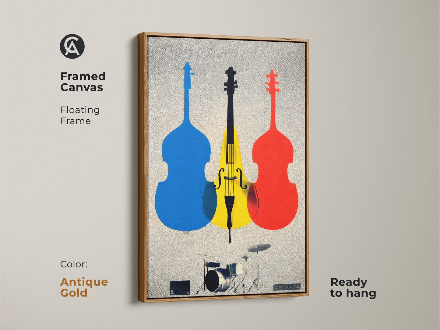 Framed canvas with antique gold floating frame of a cello and drum set. The abstract music instrument artwork is ideal for a music room. The modern graphic art has blue yellow and red musical instruments. It makes a unique musician gift. This wall art is perfect for any music lover's home decor.