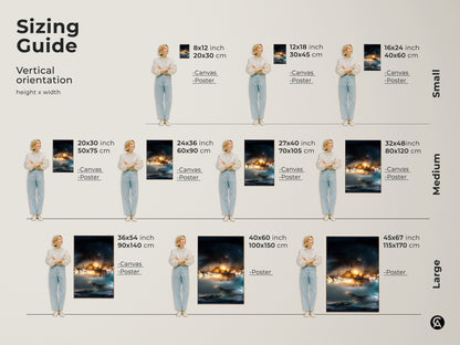 Sizing guide for vertical space nebula artwork. Visualize canvas and poster sizes to perfectly fit your space. From small to large find the ideal dimensions. Enhance your home with stunning cosmic art in the perfect size.