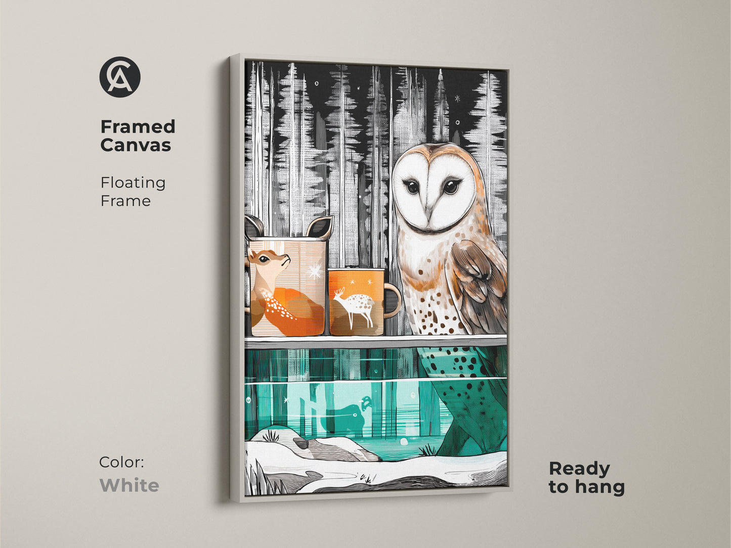 Framed canvas in white shows a barn owl and deer print. A floating frame enhances woodland animal artwork. Scandinavian nature print is ready to hang as unique home art.