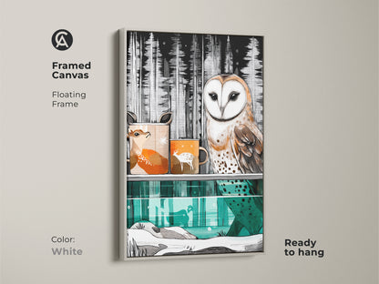 Framed canvas in white shows a barn owl and deer print. A floating frame enhances woodland animal artwork. Scandinavian nature print is ready to hang as unique home art.