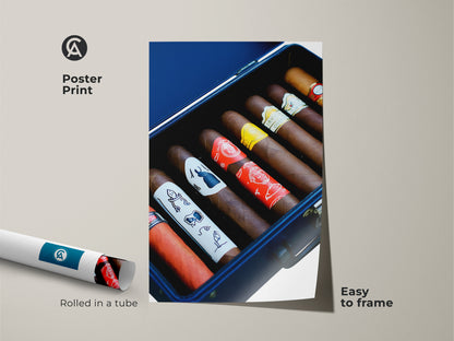 Cigar humidor poster print rolled in a tube. Frame this realistic art for your man cave. The premium print features rich browns and deep reds. It makes a great gift for a cigar lover. Add this to your masculine office decor for sophisticated wall art