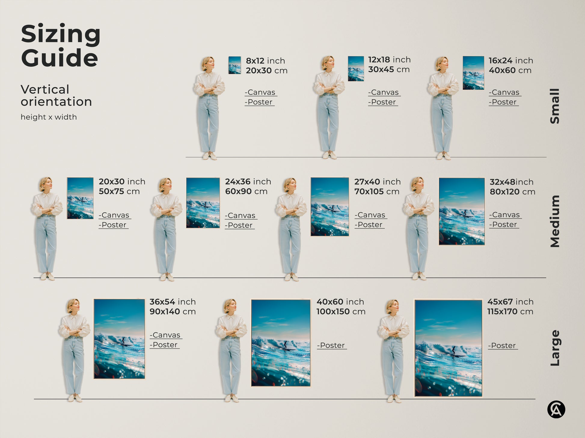 Sizing guide for vertical surfing artwork. Visualize canvas and poster sizes with our easy guide. Options range from small 8x12 inch to large 45x67 inch prints. Find the perfect fit for your wall with our size comparison tool.