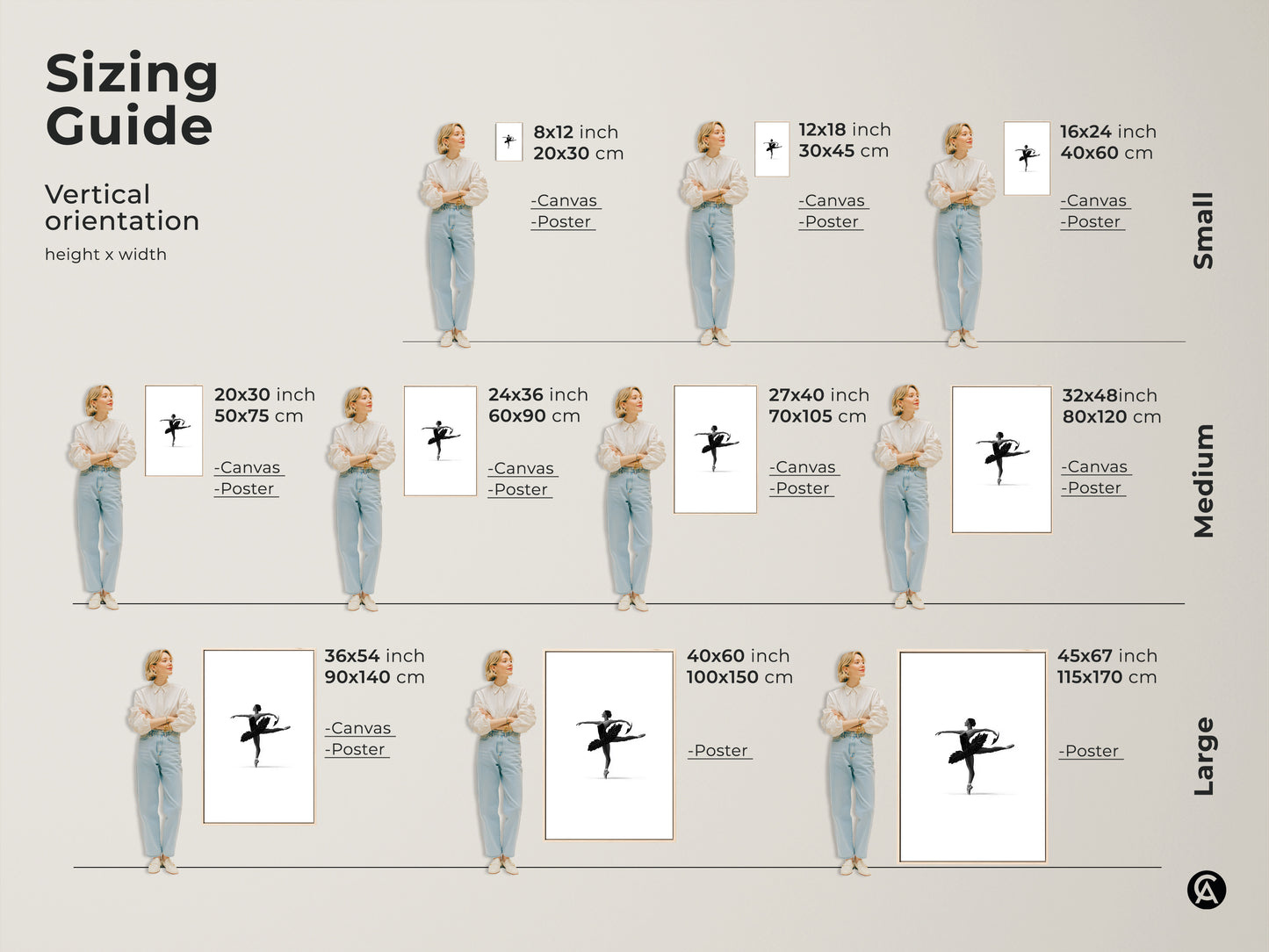 Sizing guide for vertical minimalist ballerina art. Available as canvas or poster in small medium and large sizes. Choose from 8x12 to 45x67 inches for the perfect fit. Black and white ballet decor for any space.