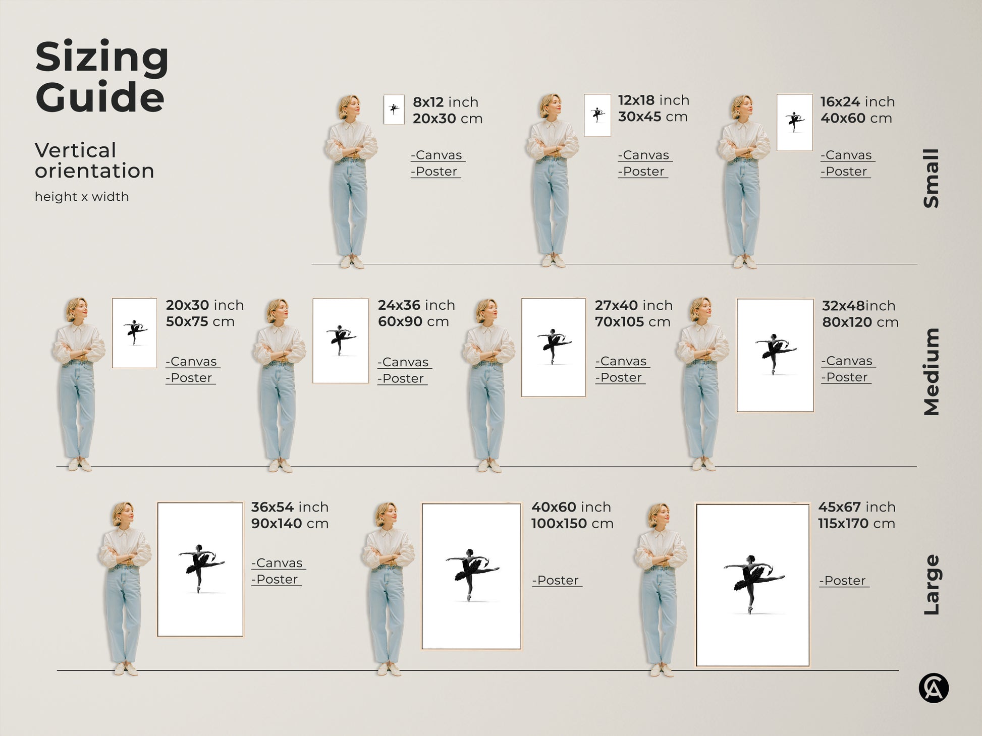 Sizing guide for vertical minimalist ballerina art. Available as canvas or poster in small medium and large sizes. Choose from 8x12 to 45x67 inches for the perfect fit. Black and white ballet decor for any space.