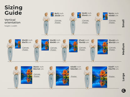 Sizing guide for vertical artwork orientation. Visualize canvas and poster sizes from small to large. Find the perfect fit for your space. Various sizes are available to match the look you want.