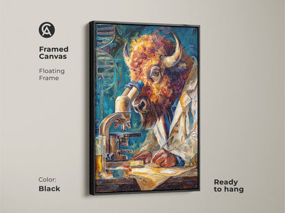 Framed canvas art showcasing a buffalo scientist. The black floating frame adds a touch of elegance. This ready-to-hang artwork combines wildlife and science themes. It is ideal for those seeking unique and sophisticated wall art.