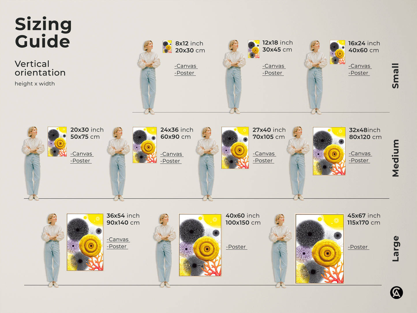 Sizing guide for vertical abstract botanical prints on canvas and poster. Visualize small medium and large sizes. Perfect yellow and coral wall art for creating a stylish focal point with organic modern decor.