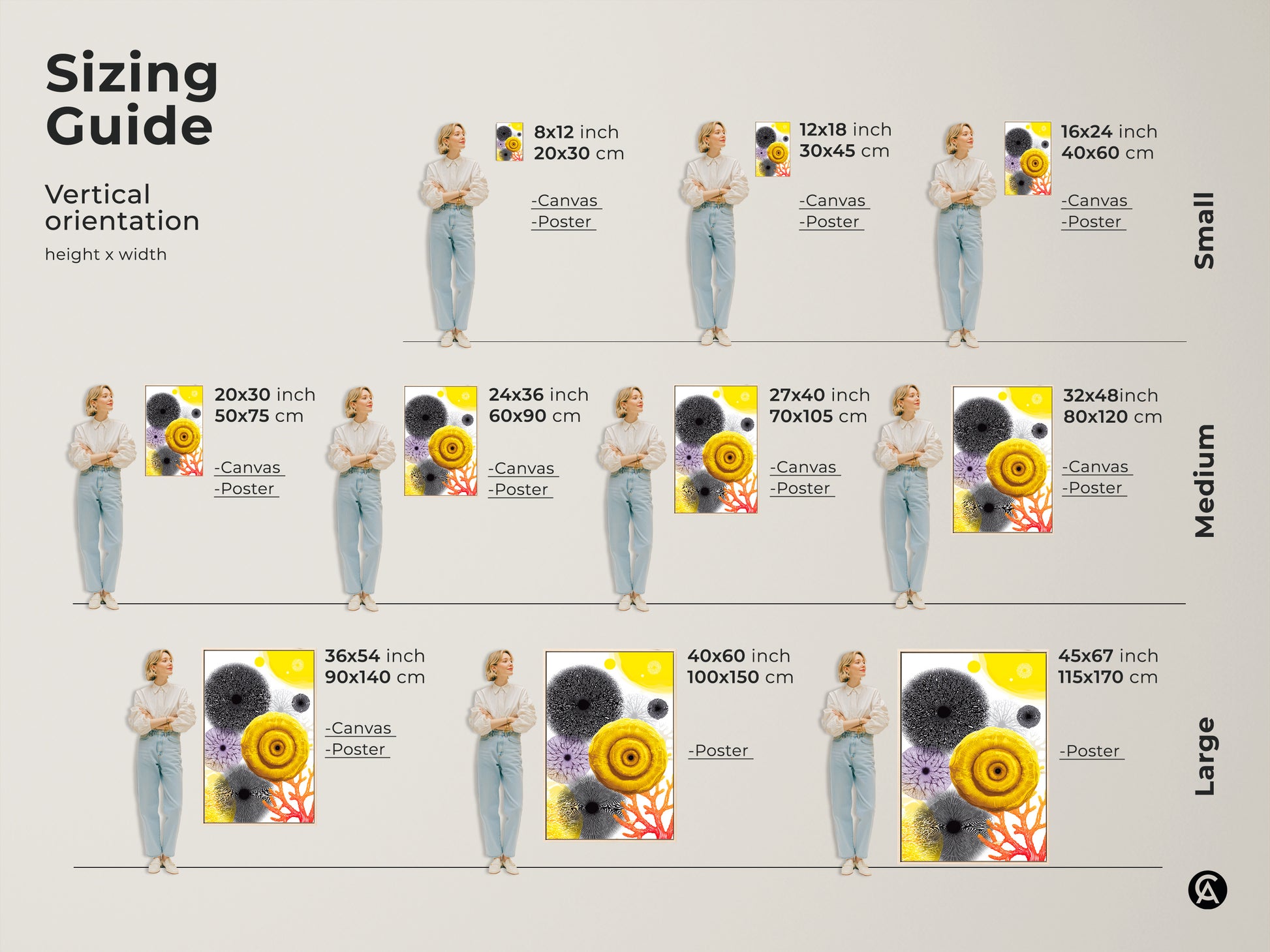 Sizing guide for vertical abstract botanical prints on canvas and poster. Visualize small medium and large sizes. Perfect yellow and coral wall art for creating a stylish focal point with organic modern decor.