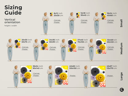 Sizing guide for vertical abstract botanical prints on canvas and poster. Visualize small medium and large sizes. Perfect yellow and coral wall art for creating a stylish focal point with organic modern decor.