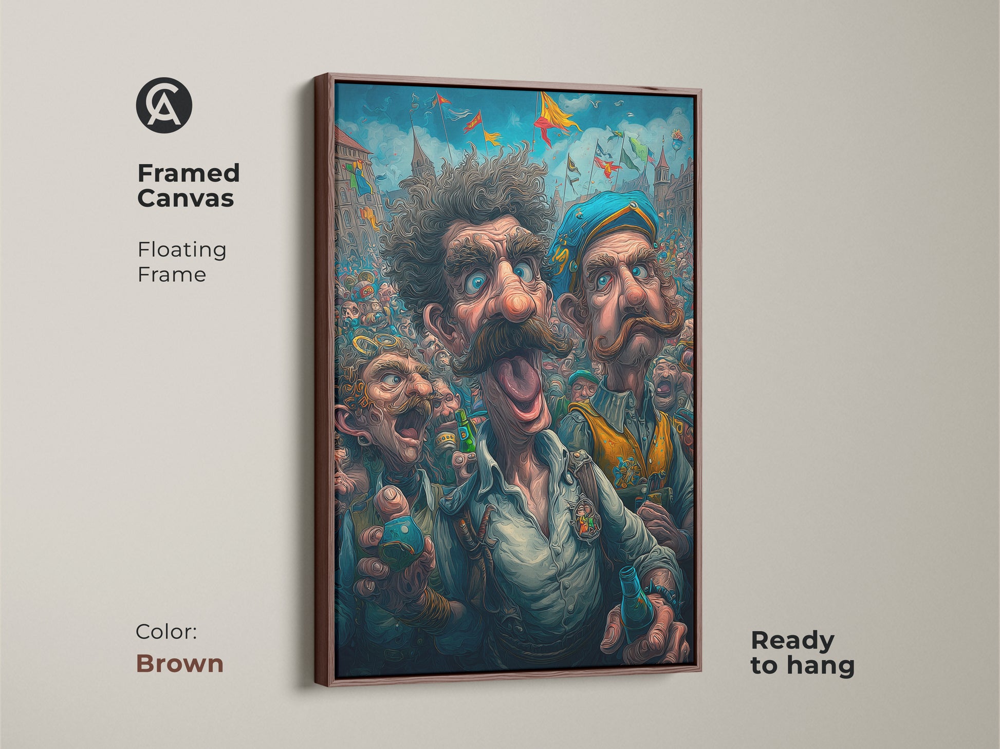 Framed canvas artwork with a brown floating frame. The artwork captures an energetic festival atmosphere. Three men with exaggerated features are in the foreground. This ready-to-hang art piece brings color and character to your walls.