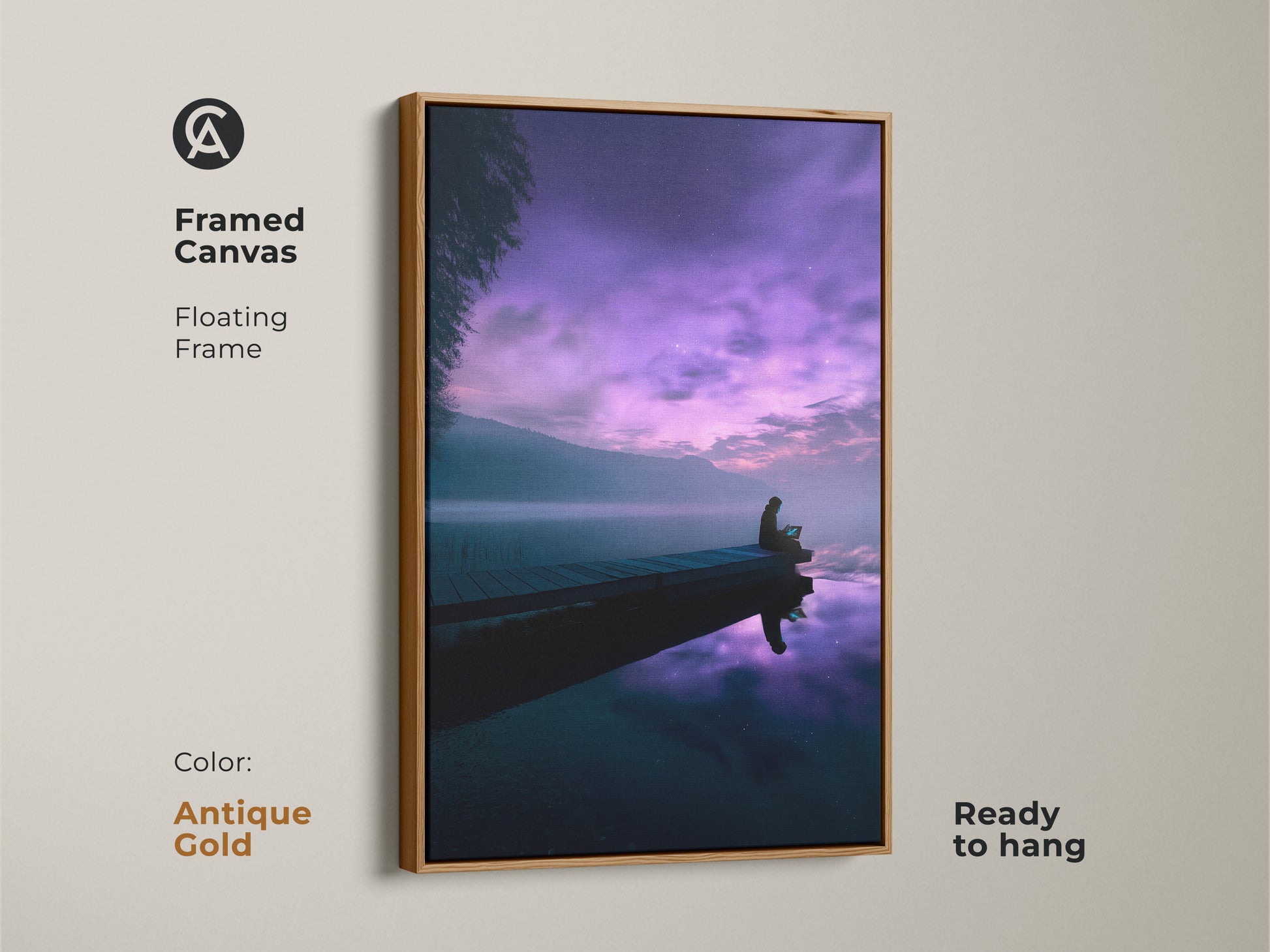 Framed canvas art print of a dreamy purple lake under a starry night. The seated figure on the dock reflects on the calm water. This minimalist landscape poster is a unique housewarming gift that's ready to hang.