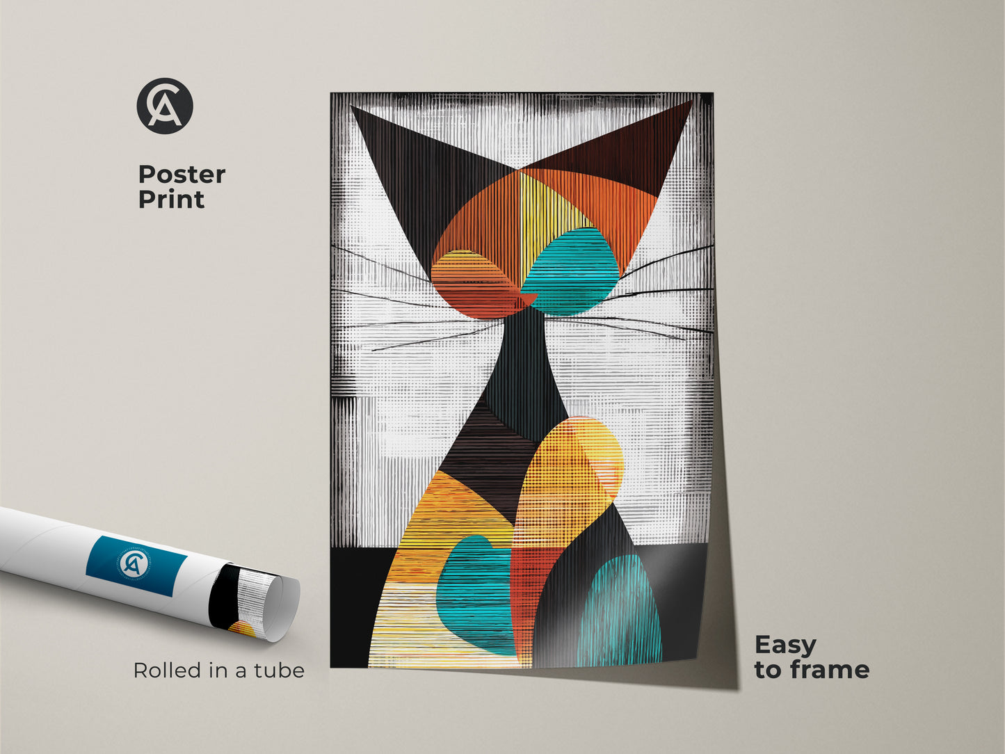 Poster print of a geometric abstract cat. Rolled in a tube this mid century modern wall art is easy to frame. The colorful teal orange and yellow artwork is a cat lover's delight.