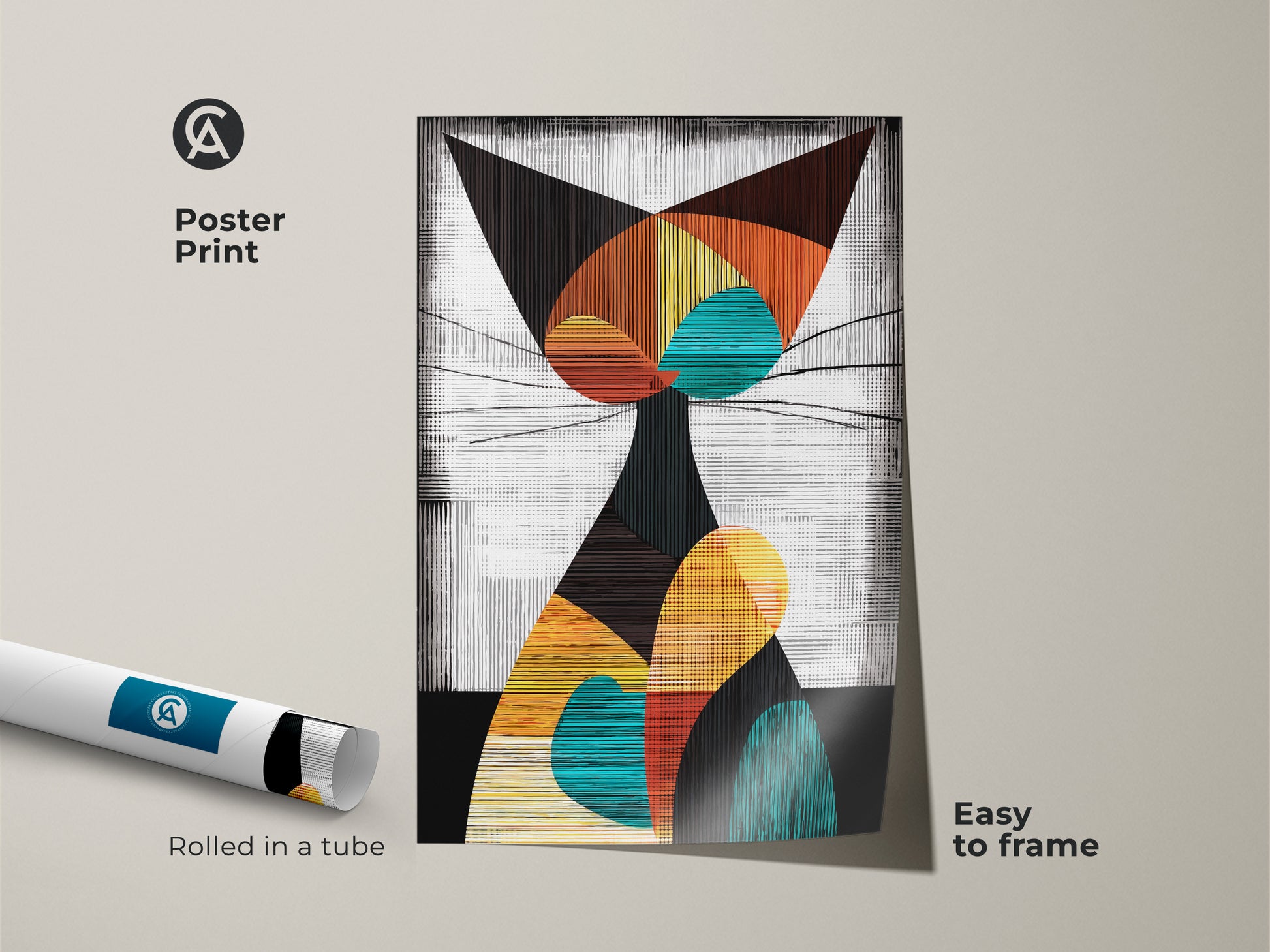 Poster print of a geometric abstract cat. Rolled in a tube this mid century modern wall art is easy to frame. The colorful teal orange and yellow artwork is a cat lover's delight.