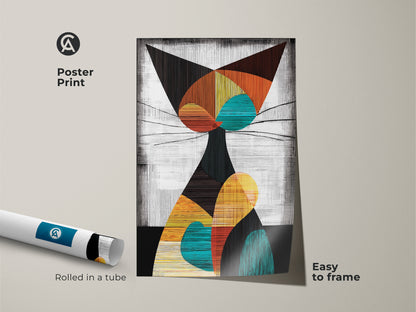 Poster print of a geometric abstract cat. Rolled in a tube this mid century modern wall art is easy to frame. The colorful teal orange and yellow artwork is a cat lover's delight.