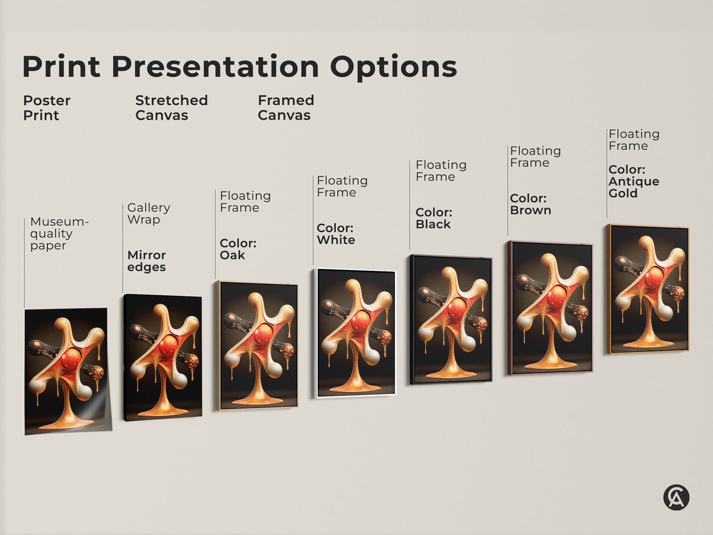 Explore the presentation options for this abstract gold red nebula canvas art. Choose from poster prints stretched canvas or framed canvas. Each option delivers museum-quality edges a gallery wrap or floating frame. Find the perfect style to showcase this surreal space artwork.