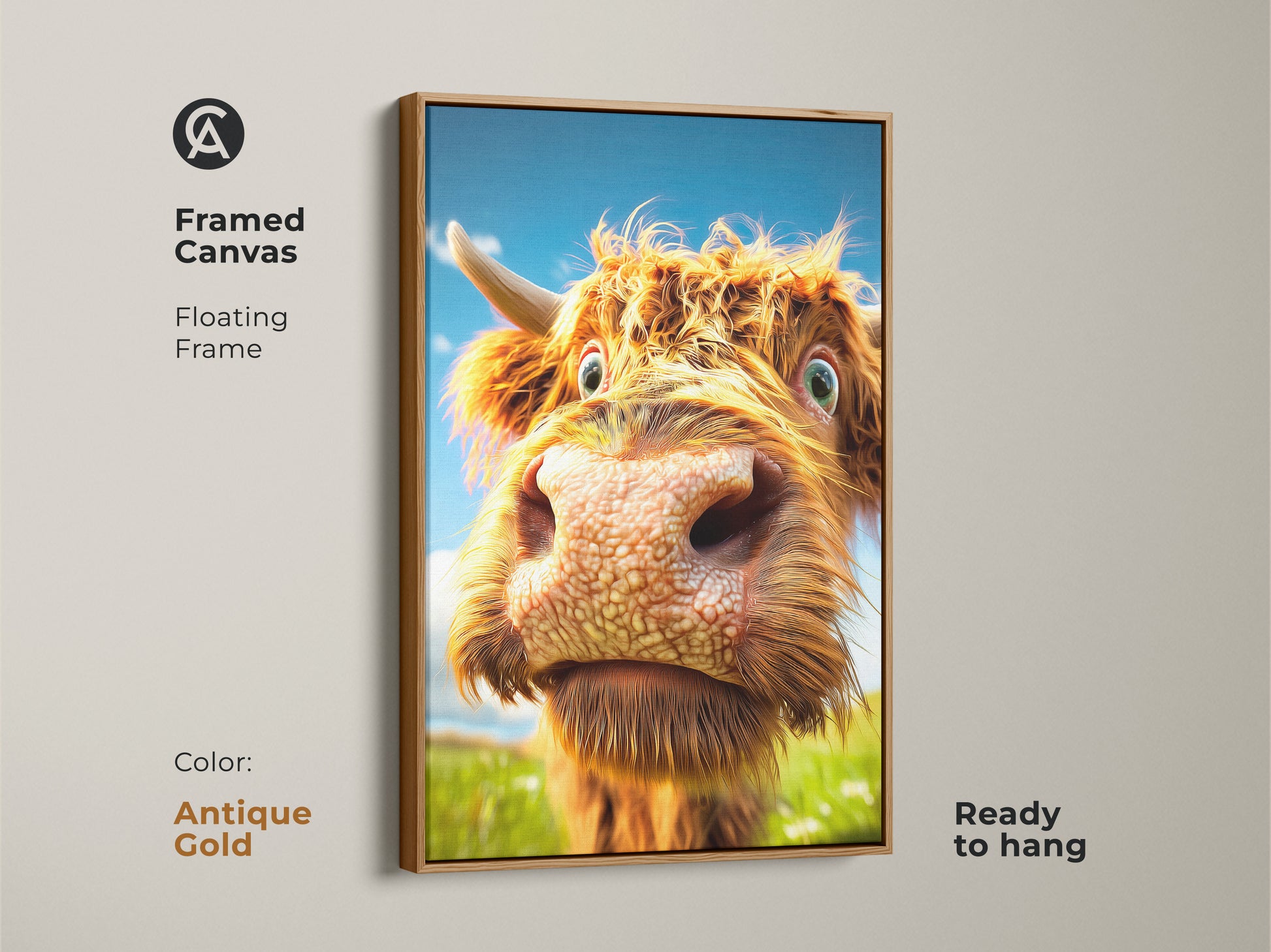This framed canvas features a fluffy Highland Cow face. It is ready to hang with an antique gold floating frame. It would be a unique birthday gift art.