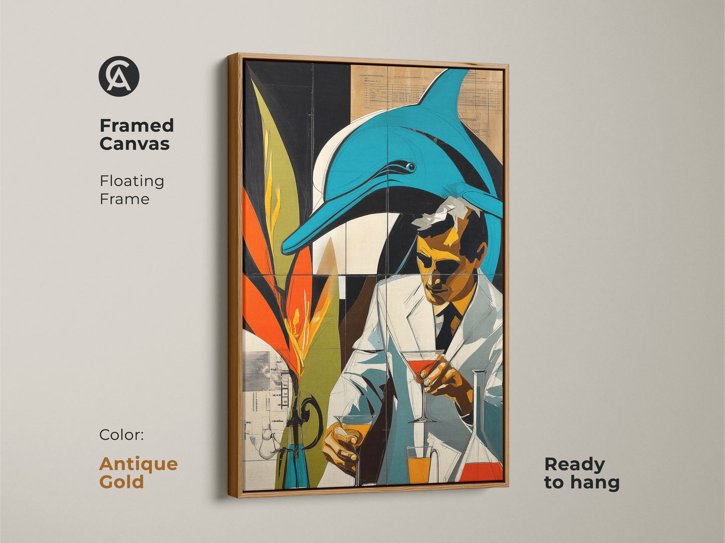 Framed Canvas Floating Frame artwork shows a surreal blend of retro futurism and marine life featuring a dolphin and a scientist. Teal and orange create an eclectic graphic novel aesthetic. The antique gold frame art is ready to hang. This is a great art gift for science enthusiasts.