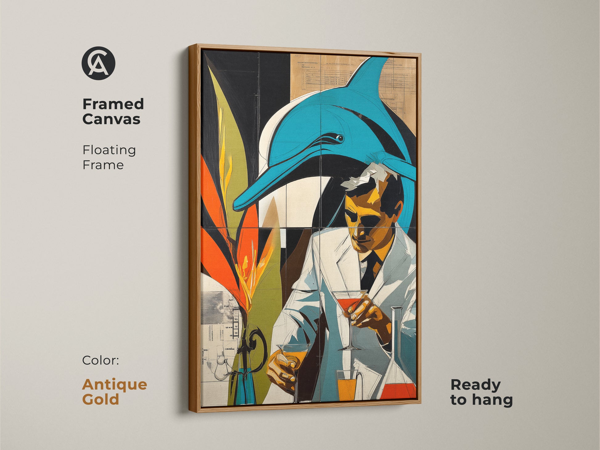 Framed Canvas Floating Frame artwork shows a surreal blend of retro futurism and marine life featuring a dolphin and a scientist. Teal and orange create an eclectic graphic novel aesthetic. The antique gold frame art is ready to hang. This is a great art gift for science enthusiasts.