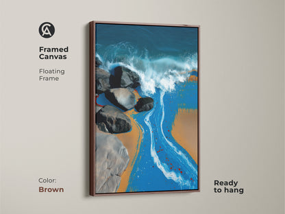 Framed canvas with a brown floating frame. This artwork features ocean waves rocks and sandy beach. The deep blue and teal colors bring a modern coastal aesthetic. The art is ready to hang.