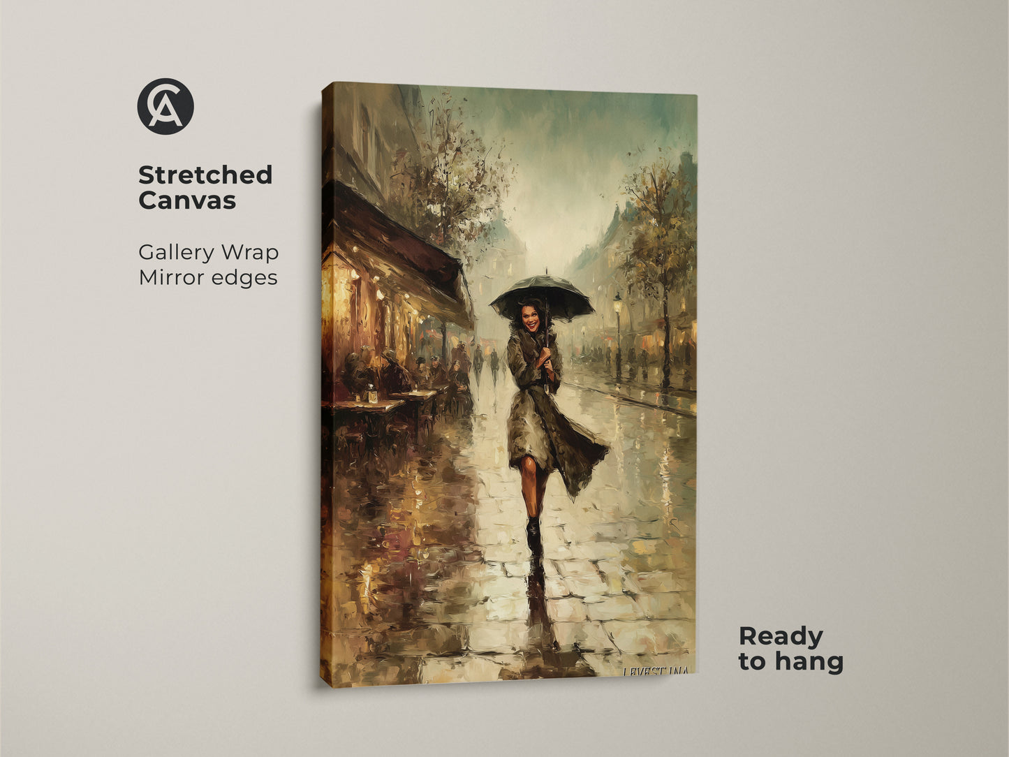 Stretched canvas art of a Paris street cafe scene. Gallery wrapped with mirror edges. The artwork features a woman with an umbrella in an impressionistic style. Teal yellow brown tones create an eclectic aesthetic. Ready to hang and enjoy this European home decor print.