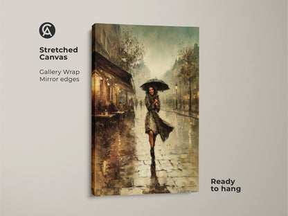 Stretched canvas art of a Paris street cafe scene. Gallery wrapped with mirror edges. The artwork features a woman with an umbrella in an impressionistic style. Teal yellow brown tones create an eclectic aesthetic. Ready to hang and enjoy this European home decor print.