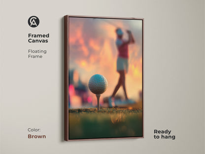 Framed canvas artwork featuring a woman golfer. The brown floating frame complements the sunset scene. This framed golf art is ready to hang. Elevate your decor with this sophisticated artwork. A perfect gift for golf lovers. 
