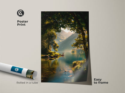 This poster print showcases a beautiful lake and mountain landscape. A fisherman adds a focal point. The artwork is rolled in a tube for protection. Easy to frame this serene nature art.