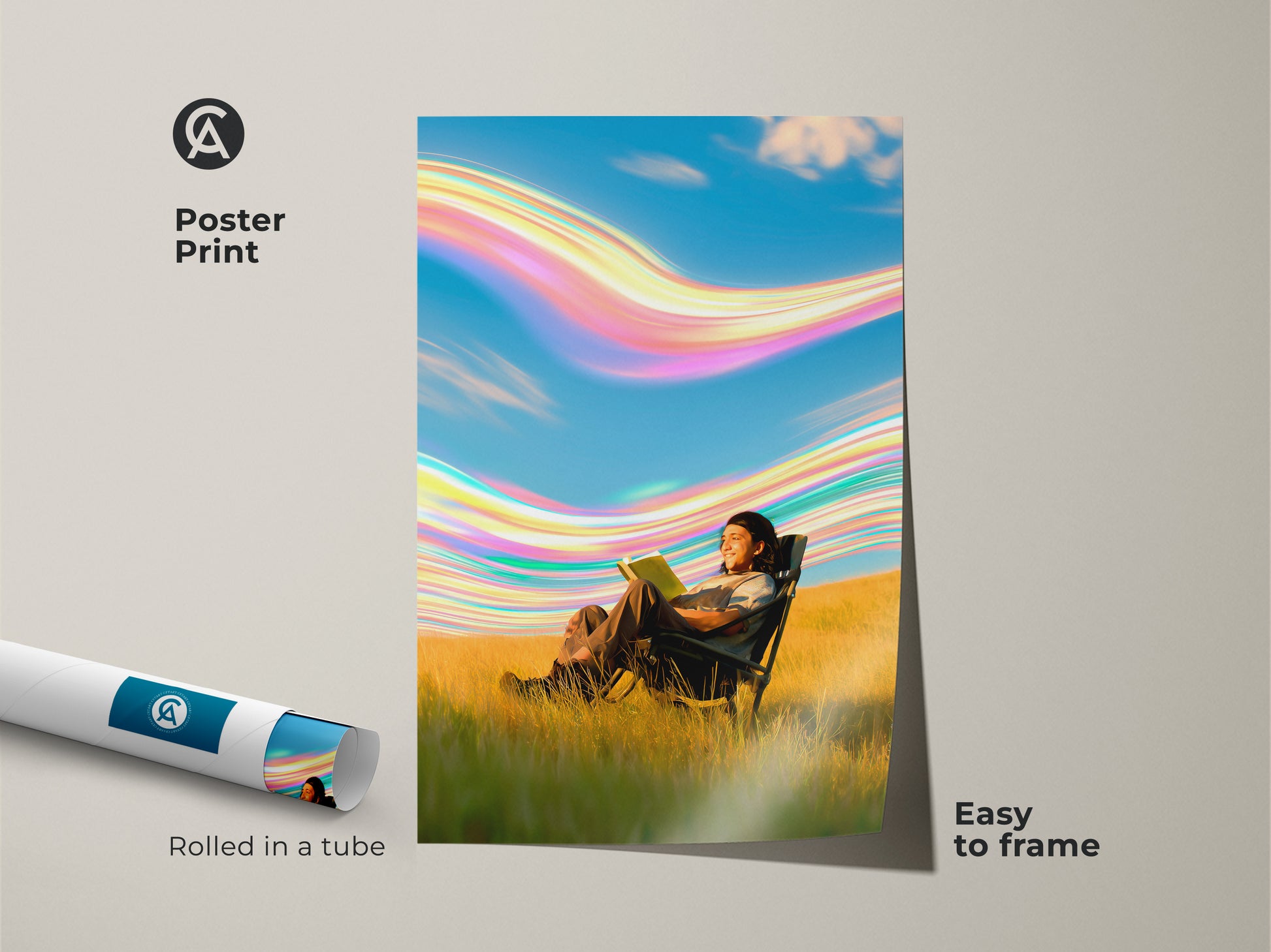 This poster print features a surreal scene of a person reading in a golden field under a vibrant sky. This abstract nature canvas is easy to frame. The blue green and yellow colors create a calming atmosphere. This boho sky artwork sparks imagination.