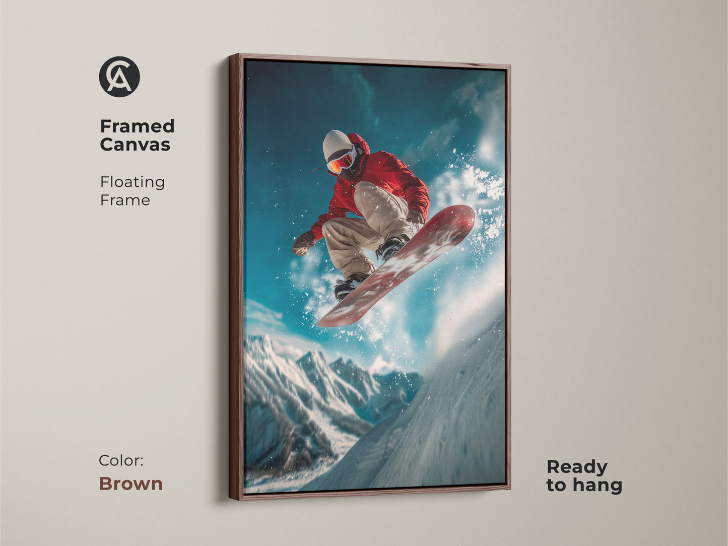 A snowboarder soars in this framed canvas artwork. The brown floating frame enhances the action shot. It is a ready-to-hang piece perfect for sports enthusiasts. Add an adventurous touch to your home decor with this print. This brown frame complements a variety of spaces