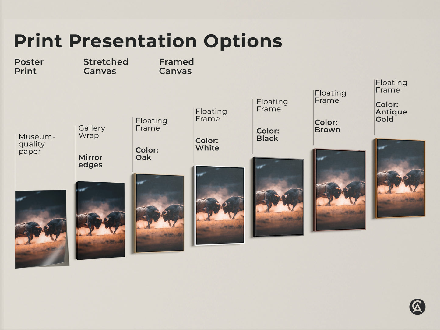 Various print presentation options showcasing museum-quality paper poster prints. Stretched canvas gallery wrap prints and framed canvas prints in white black brown oak and antique gold. Shop high-quality animal art.