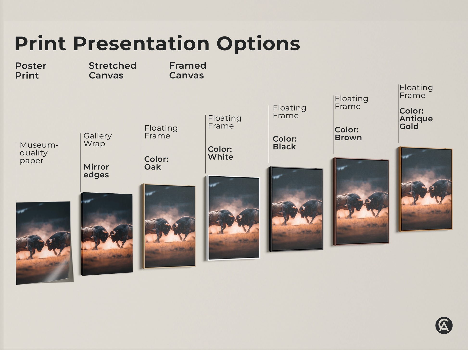 Various print presentation options showcasing museum-quality paper poster prints. Stretched canvas gallery wrap prints and framed canvas prints in white black brown oak and antique gold. Shop high-quality animal art.