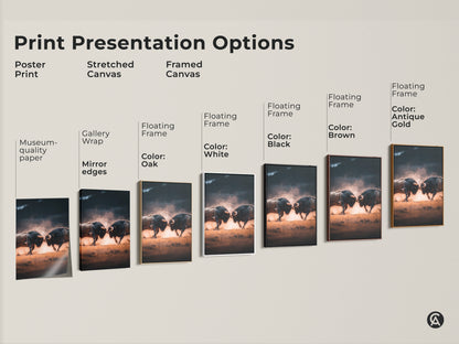 Various print presentation options showcasing museum-quality paper poster prints. Stretched canvas gallery wrap prints and framed canvas prints in white black brown oak and antique gold. Shop high-quality animal art.