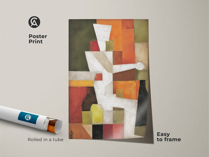 Museum-quality poster print of an abstract geometric artwork. The art is easy to frame. The Mid-Century Modern print features a Terracotta and White palette with Orange and Olive Green accents. Great for any room.