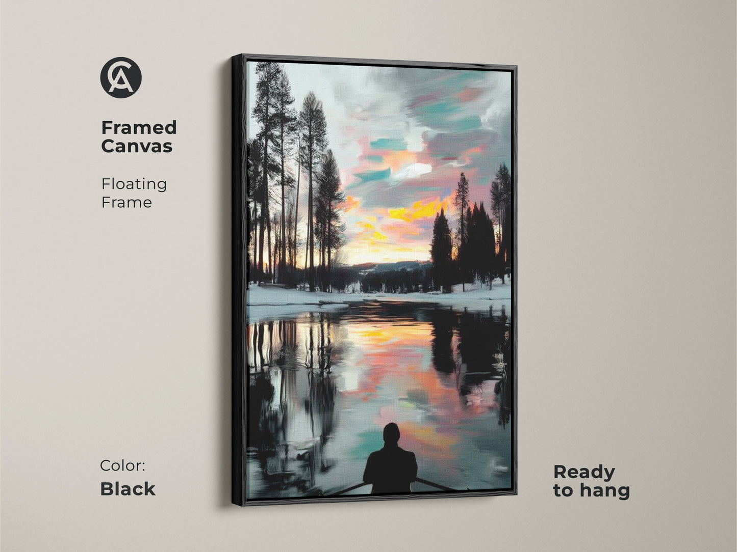 A framed canvas featuring a rowboat in a serene winter sunset is displayed. The floating frame adds to the modern look. The expressive brushstrokes and tranquil water art make it a captivating wall art piece ready to hang.