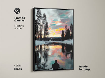 A framed canvas featuring a rowboat in a serene winter sunset is displayed. The floating frame adds to the modern look. The expressive brushstrokes and tranquil water art make it a captivating wall art piece ready to hang.