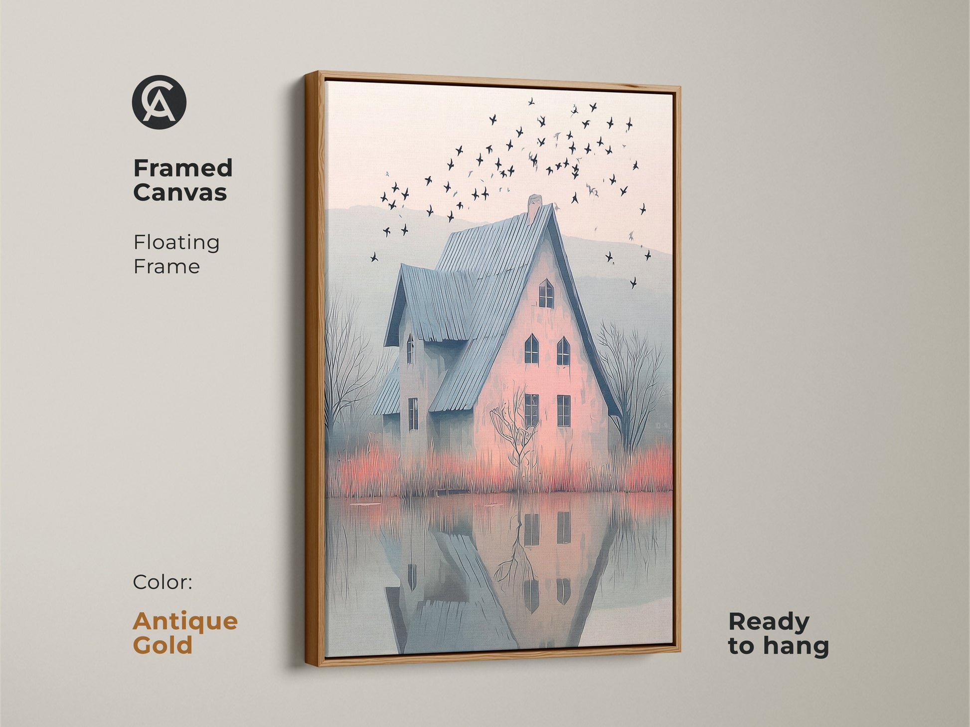 Antique gold framed canvas features a farmhouse. A blue roof house is next to a misty lake with birds. The floating frame is ready to hang. This impressionist wall decor adds beauty.
