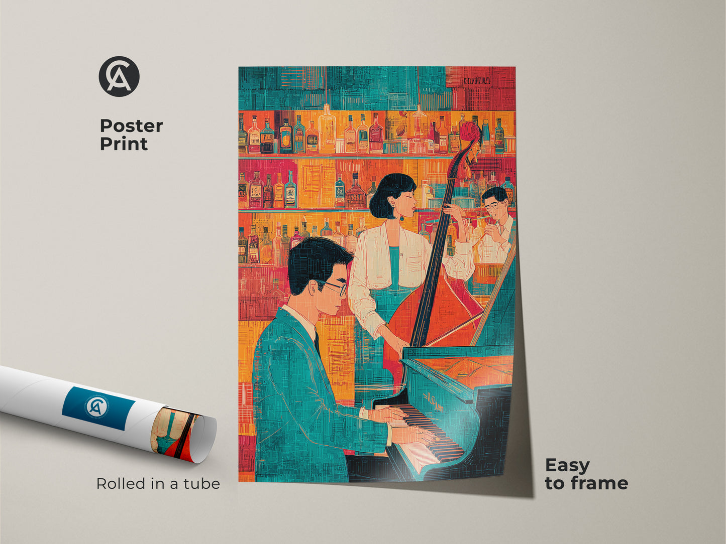 Poster print featuring a jazz band playing piano. This turquoise and orange artwork is easy to frame. Rolled in a tube it's perfect for cocktail bar wall art. A unique music gift for jazz enthusiasts.
