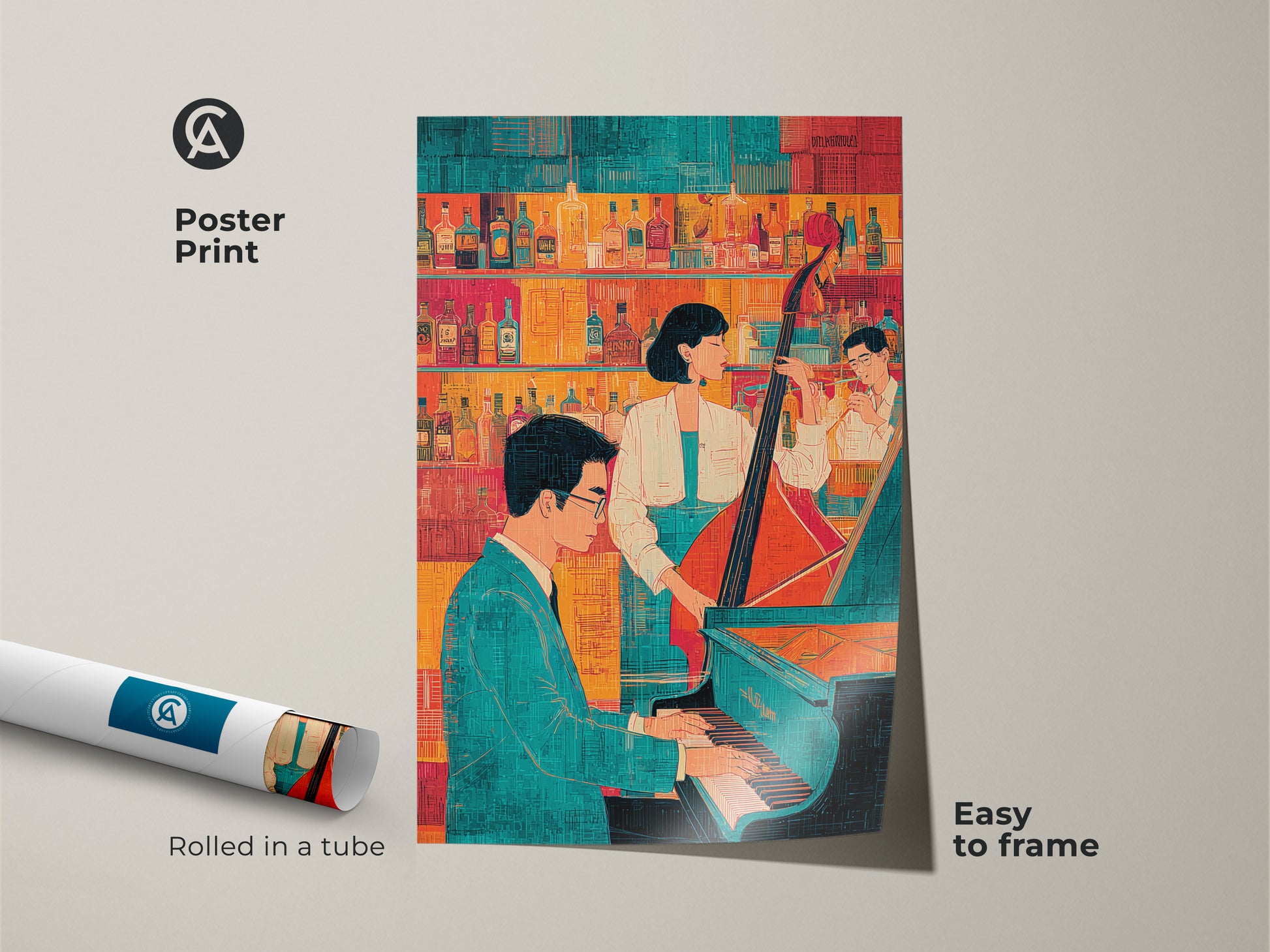 Poster print featuring a jazz band playing piano. This turquoise and orange artwork is easy to frame. Rolled in a tube it's perfect for cocktail bar wall art. A unique music gift for jazz enthusiasts.