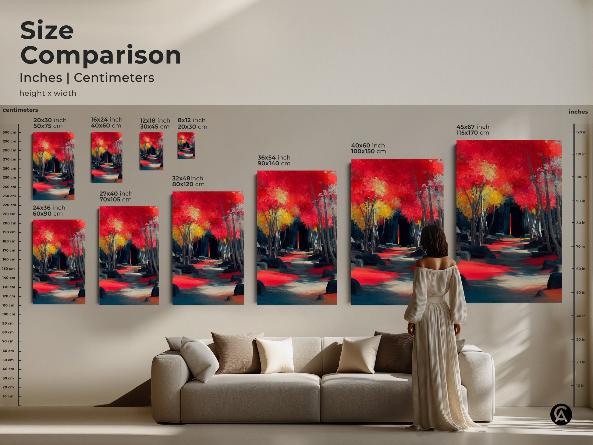 Size comparison of the impressionistic landscape art featuring crimson red teal tones. Visualize canvas art sizes in inches and centimeters relative to a living space. Perfect for travel enthusiasts as eclectic home decor.