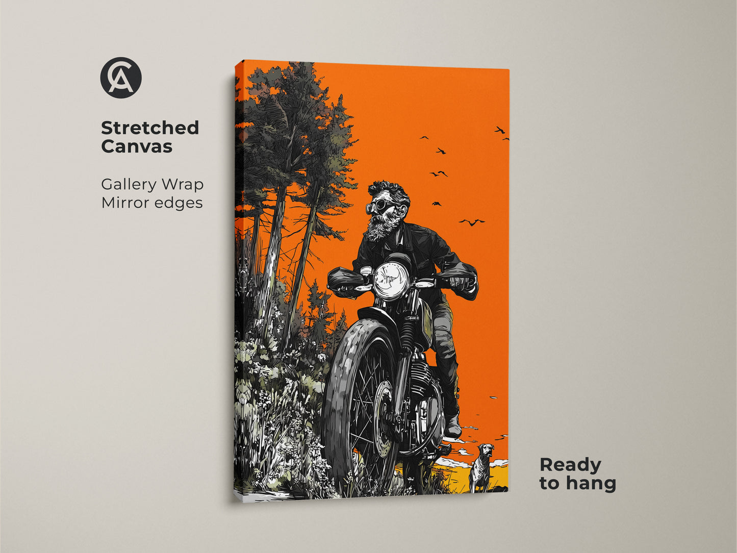 Stretched canvas artwork featuring a skeleton biker on a motorcycle. The gallery wrap presents mirror edges and comes ready to hang. This unique piece blends edgy biker culture with natural scenery for a striking wall decor.
