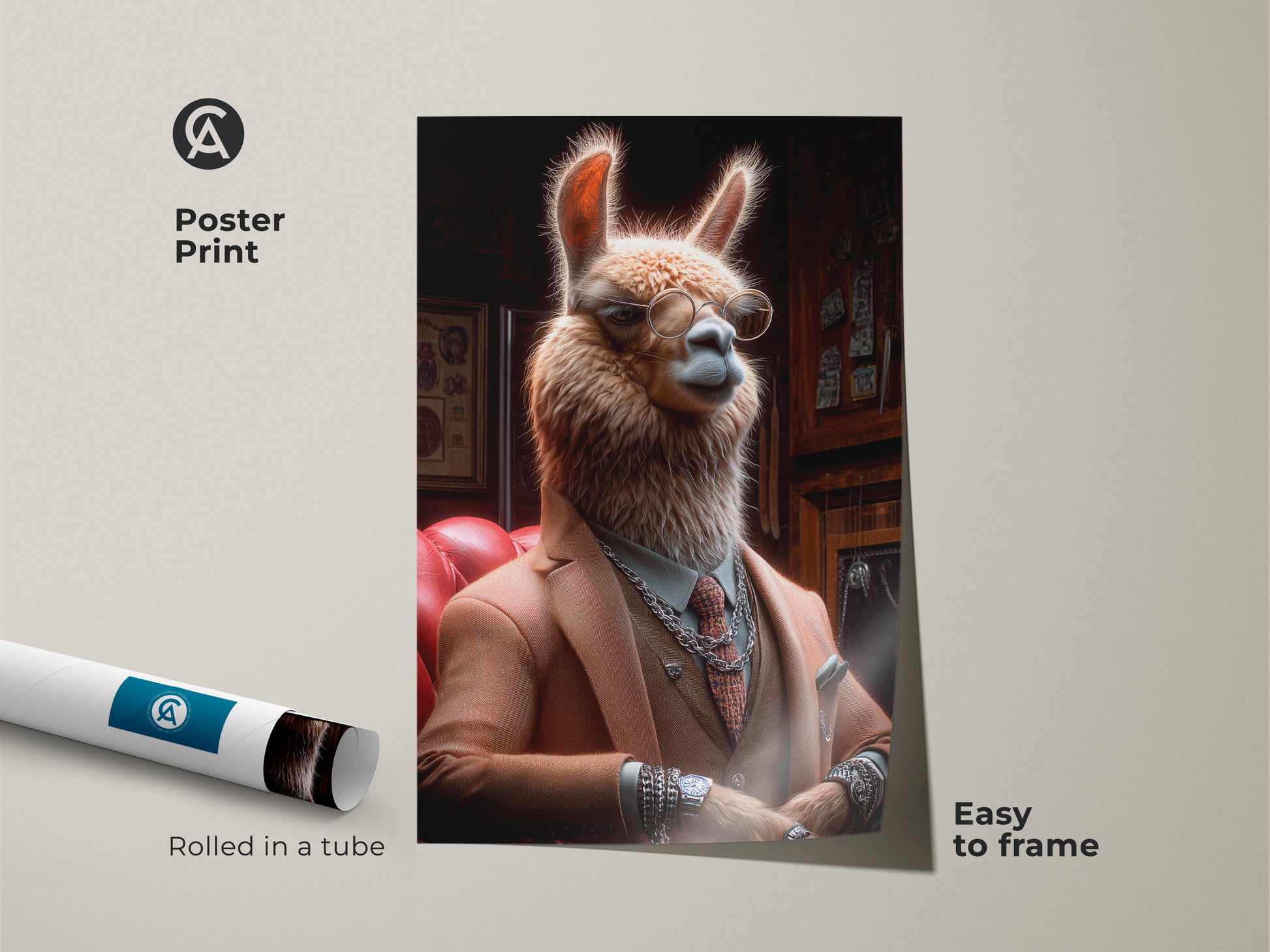 Llama in a suit poster print. Easy to frame for eclectic wall decor. Tan orange brown tones complement any office. This dapper animal artwork arrives rolled in a tube. It makes a quirky sophisticated gift.
