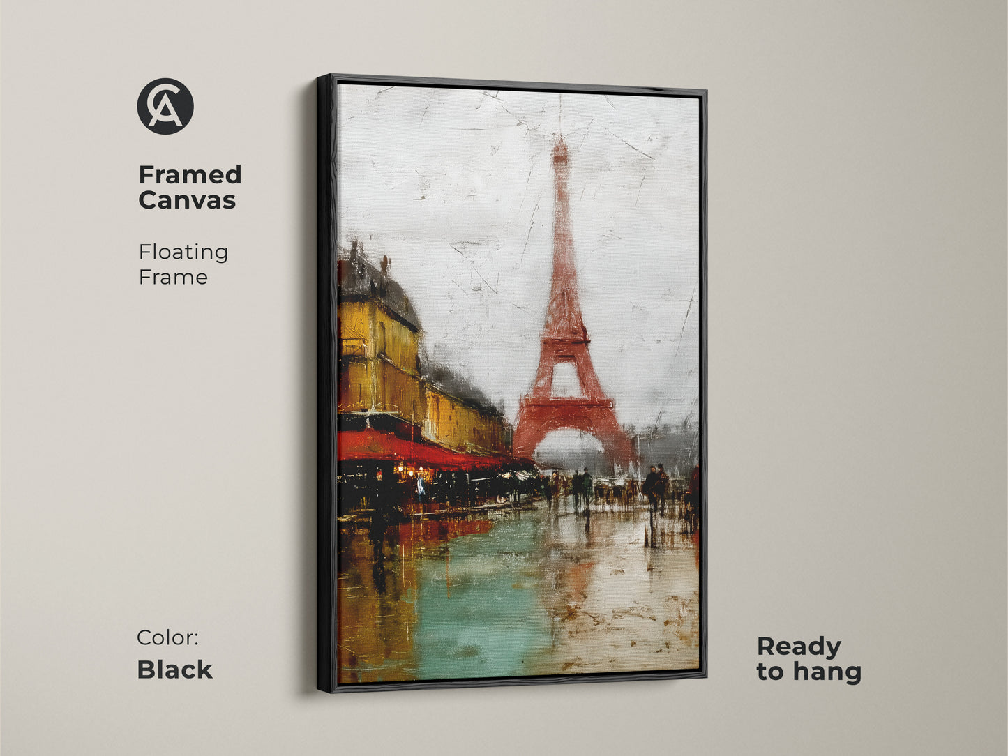 Framed Canvas with a Black Floating Frame featuring a Paris cityscape with the Eiffel Tower. This terracotta and teal urban art adds a touch of French country decor to your walls. Ready to hang this contemporary piece captures Parisian cafe life. It’s perfect Eiffel Tower wall art.