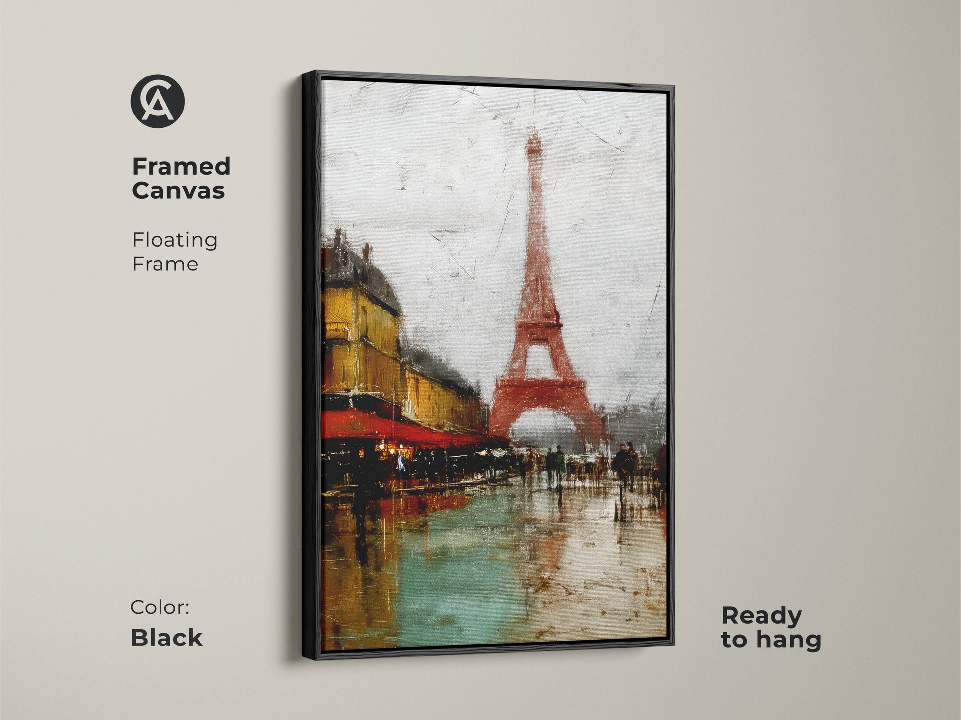 Framed Canvas with a Black Floating Frame featuring a Paris cityscape with the Eiffel Tower. This terracotta and teal urban art adds a touch of French country decor to your walls. Ready to hang this contemporary piece captures Parisian cafe life. It’s perfect Eiffel Tower wall art.