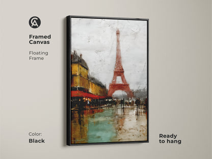 Framed Canvas with a Black Floating Frame featuring a Paris cityscape with the Eiffel Tower. This terracotta and teal urban art adds a touch of French country decor to your walls. Ready to hang this contemporary piece captures Parisian cafe life. It’s perfect Eiffel Tower wall art.