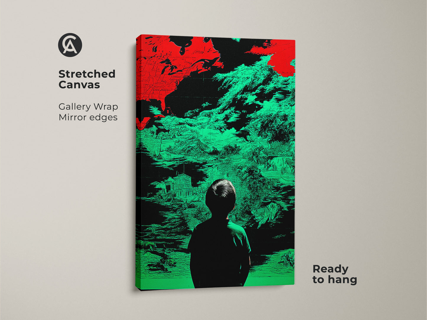 A stretched canvas print of surreal abstract map wall art with a glitch art style. The red and green landscape features a child silhouette. It is ready to hang with gallery wrap mirror edges. Perfect for modern office decor or an eclectic study room. This canvas print offers a unique wall art solution.